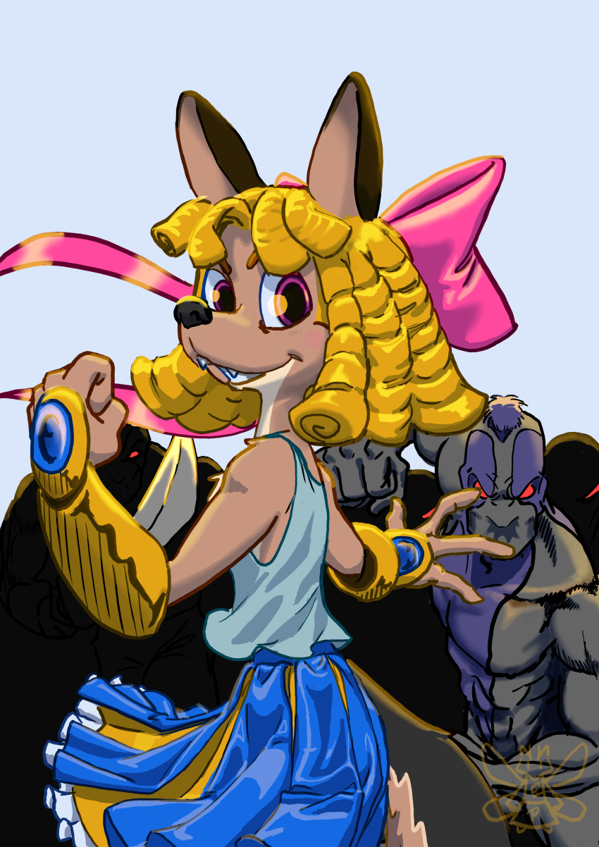 absurd_res armor blonde_hair bottomwear bow bracers bridget canid canine canis clothing dahbastard digital_media_(artwork) drill_curls eukaryoticprokaryote eukayoticprokaryote fan_character female frilly hair hi_res jackal mammal petticoats pleated_skirt pleats skirt solo superhero