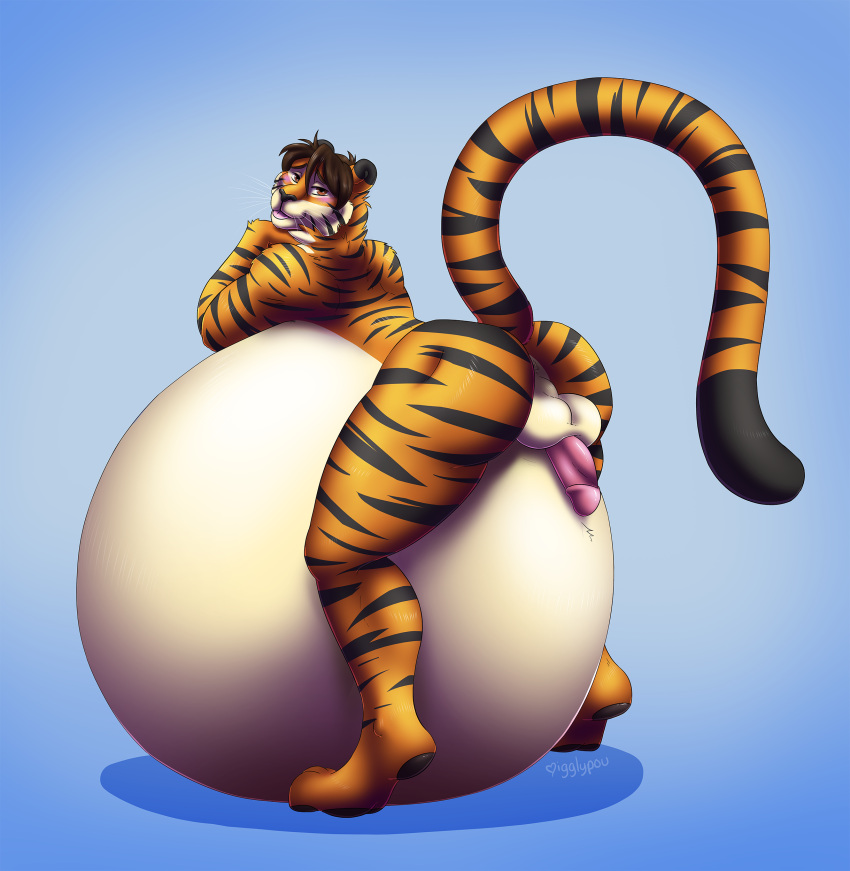 absurd_res anthro balls belly big_belly butt felid feline fur genitals hair hi_res hyper hyper_belly hyper_pregnancy kaydex male mammal nude pantherine penis pregnant pregnant_male striped_body striped_fur stripes tiger