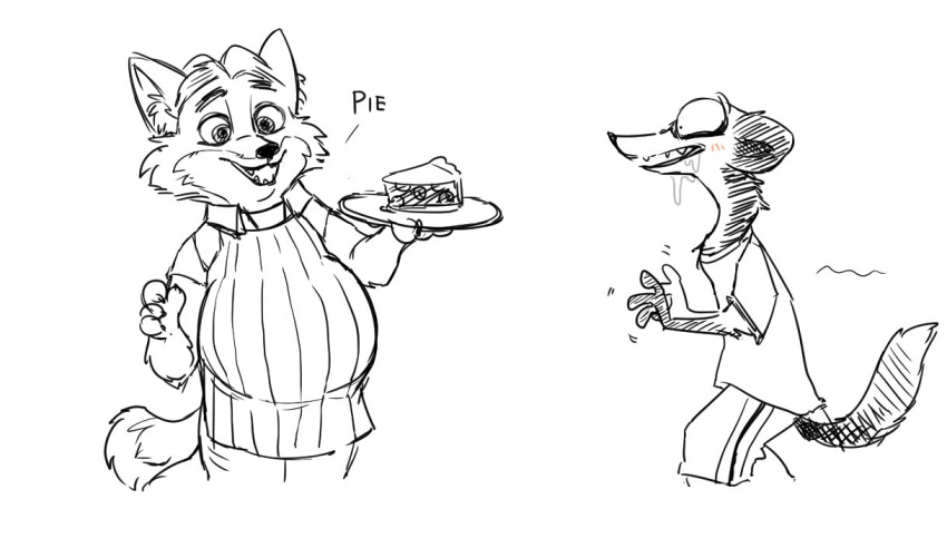 2021 4pcsset anthro biped canid canine clothed clothing disney duke_weaselton duo food fox gideon_grey holding_object least_weasel looking_at_another male male/male mammal monochrome mustela mustelid musteline overweight overweight_anthro overweight_male red_fox simple_background true_musteline zootopia