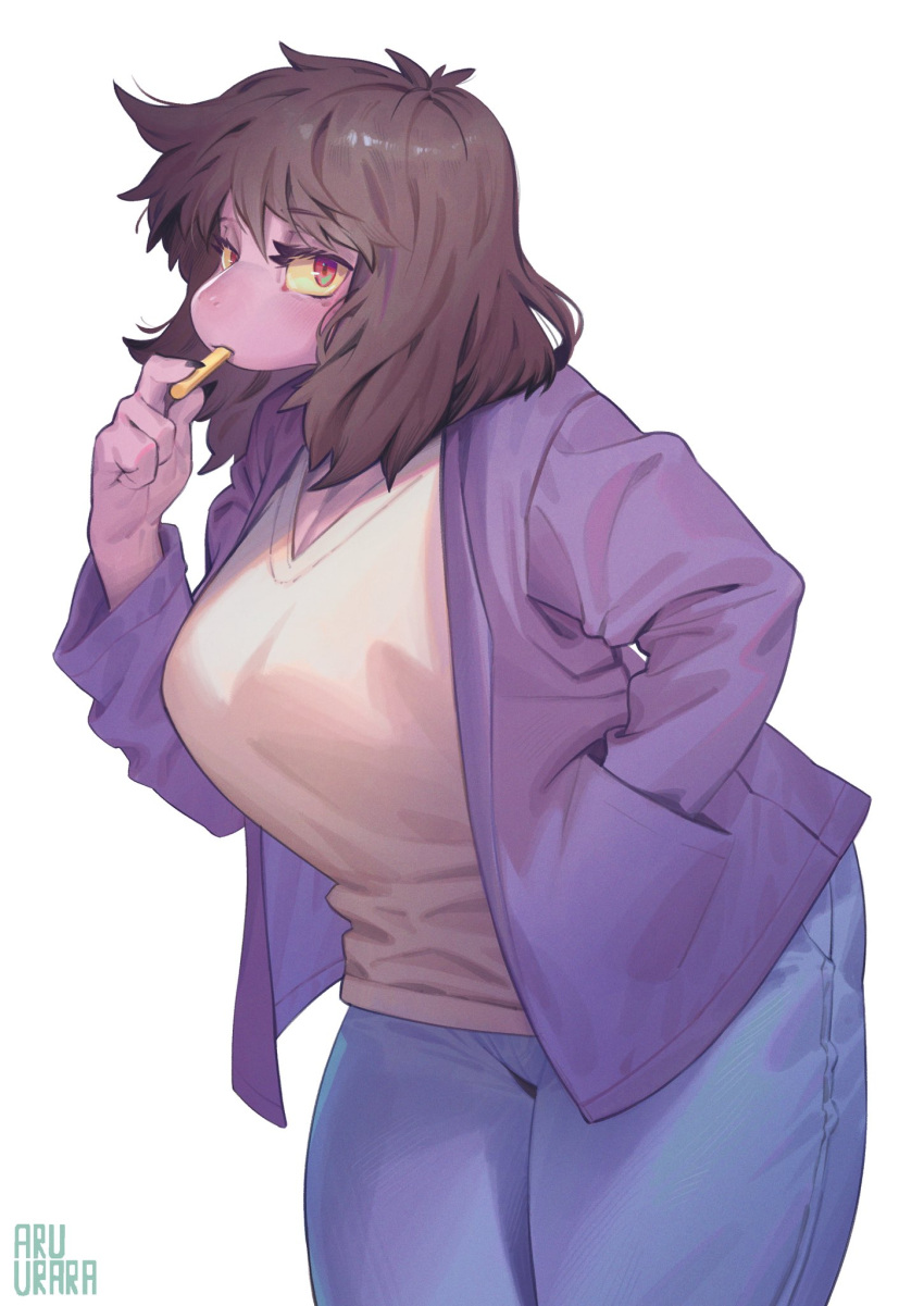 anthro aruurara baggy_clothing big_breasts black_fingernails bottomwear breasts brown_hair chalk clothed clothing deltarune denim denim_clothing female fingernails fully_clothed hair hi_res humanoid jacket jeans long_fingernails looking_at_viewer messy_hair nails non-mammal_breasts pants purple_body red_eyes reptile scalie solo susie_(deltarune) thick_thighs topwear undertale_(series) video_games yellow_sclera