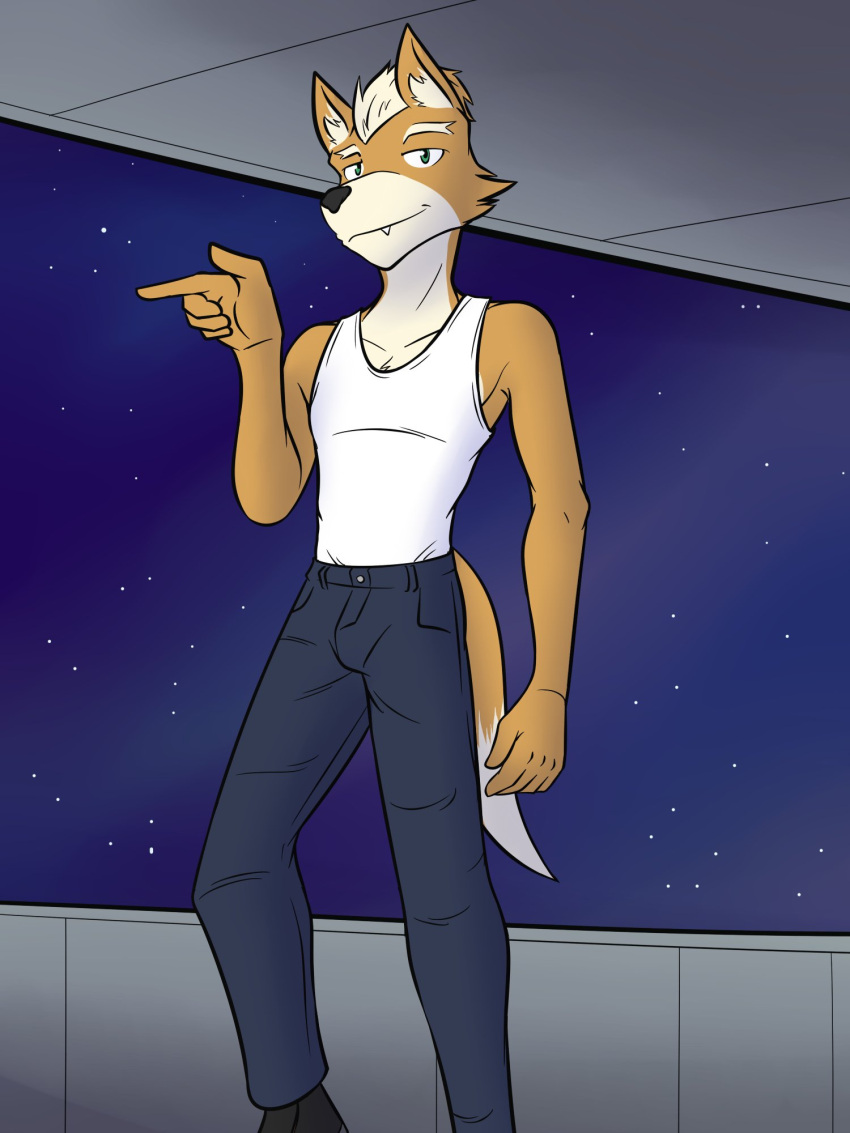 3:4 anthro bottomwear canid canine clothed clothing fox fox_mccloud fully_clothed fuze gesture hi_res male mammal nintendo pants plantigrade pointing shirt solo space star_fox tank_top topwear video_games white_clothing white_shirt white_tank_top white_topwear