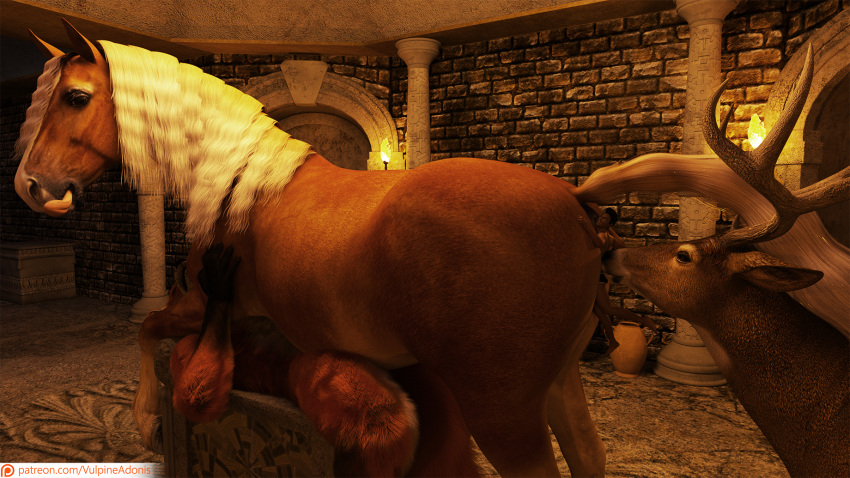 16:9 3d_(artwork) altar ambiguous_gender anthro butt canid canine cervid chamber crush digital_media_(artwork) equid equine female feral forced fox group hi_res horse human macro male male/female male/male mammal micro playing smush temple vulpineadonis weightplay widescreen worship