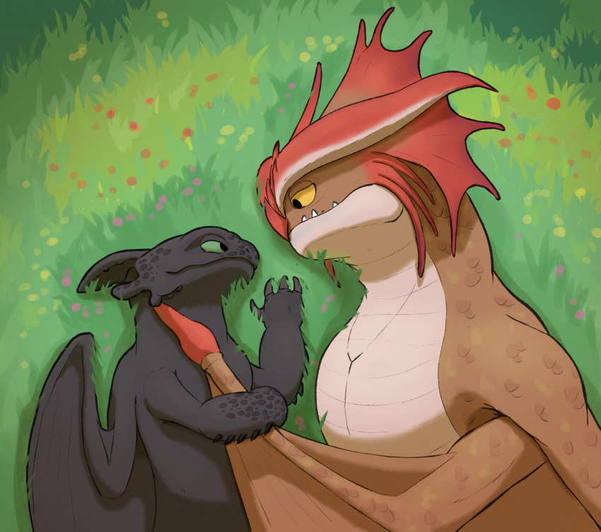 black_body cloudjumper cuddling dragon dreamworks duo ekayas embrace eye_contact feral feral_on_feral grass green_eyes hi_res how_to_train_your_dragon hug larger_male looking_at_another love lying male male/male night_fury on_side outside plant romantic romantic_couple scalie size_difference smaller_male smile stormcutter toothless western_dragon wings yellow_eyes