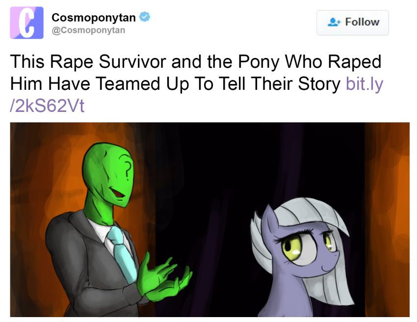 ? anon clothing colochenni duo earth_pony english_text equid equine feral fingers friendship_is_magic fur green_body green_eyes grey_body grey_hair hair hasbro horse human implied_rape limestone_pie_(mlp) mammal my_little_pony necktie open_mouth pony smile suit text twitter