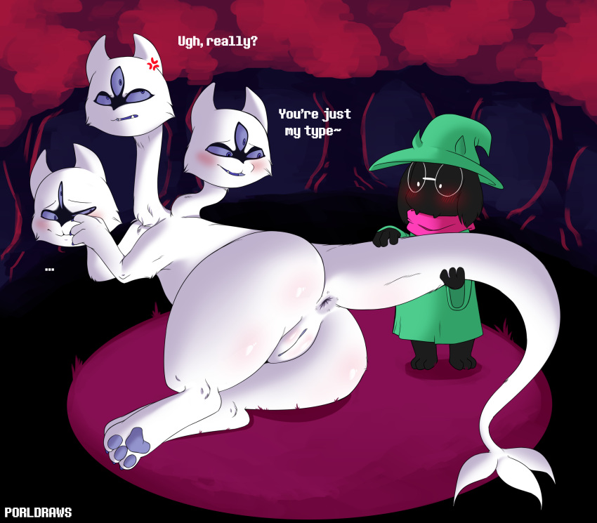 absurd_res annoyed anthro anus big_butt blush bovid butt caprine claws clover_(deltarune) deltarune dialogue duo english_text female feral flirting genitals goat hi_res hydra_problems male male/female mammal monster multi_head pawpads paws porldraws presenting pussy ralsei shy tail_grab text undertale_(series) video_games