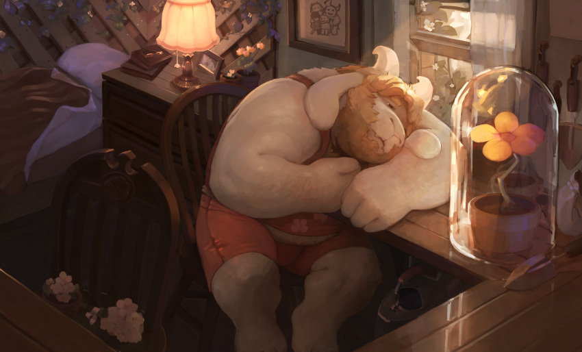 anthro asgore_dreemurr beard bed belly bezdomny blonde_hair book bovid caprine chair clothing dresser eyewear facial_hair flower furniture glass glasses goat hair hi_res horn lamp lattice long_ears male mammal overweight pillow plant shirt shovel solo tank_top tools topwear undertale_(series) underwear vines watering_can window