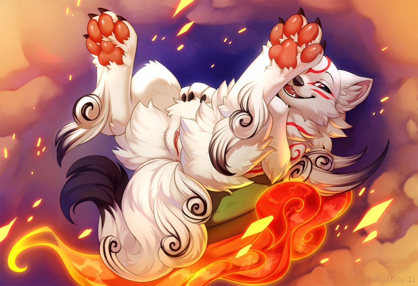 2021 amaterasu ankle_tuft anus bodypaint butt_tuft canid canine canis capcom cheek_tuft claws clitoral_hood clitoris deity digital_drawing_(artwork) digital_media_(artwork) dipstick_tail english_text facial_markings facial_tuft female feral fire floating fluffy fluffy_paws fluffy_tail fur genitals hand_on_stomach head_markings hioshiru inner_ear_fluff leg_tuft lying mammal markings neck_tuft on_back open_mouth paw_on_stomach pawpads paws presenting pussy quadruped shoulder_tuft smile smoke smug solo tail_markings teeth text tuft video_games weapon white_body white_fur wolf ōkami