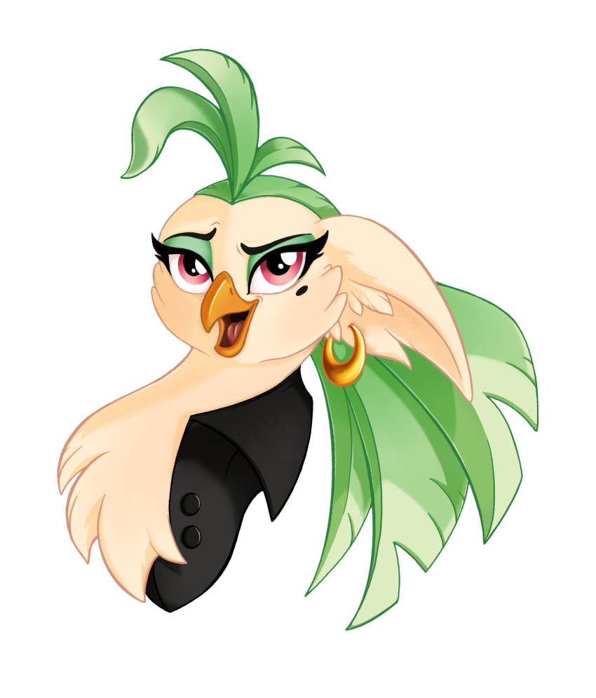 2021 anthro avian beak beauty_mark bird bust_portrait captain_celaeno_(mlp) chest_tuft clothing ear_piercing ear_ring eyebrows eyelashes feather_hair feathers female friendship_is_magic green_body green_feathers hasbro hi_res inner_ear_fluff lidded_eyes my_little_pony my_little_pony:_the_movie_(2017) open_beak open_mouth parrot piercing portrait pseudo_hair red_eyes simple_background sneepy solo tan_body tan_feathers tuft white_background