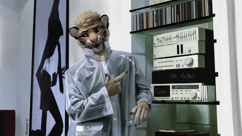 16:9 2021 5_fingers american_psycho anthro clothed clothing coat detailed_background felid fingers geewolf gesture hair hi_res inside leopard mammal open_mouth pantherine pointing psyolus raincoat topwear whiskers widescreen