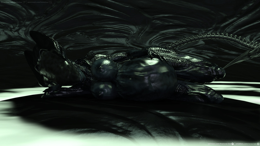 16:9 alien alien_(franchise) belly big_belly big_breasts breasts female hand_on_stomach huge_breasts humanoid hybrid implied_unbirth loneclaw looking_at_viewer monstrous_humanoid pregnant pregnant_female smile smiling_at_viewer solo text weyland_yutani wide_hips widescreen xenomorph xenomorph_queen
