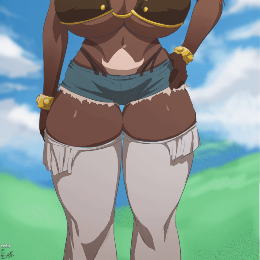 1:1 2021 animated anthro arm_grab big_breasts bleating blush bottomwear bouncing_breasts bovid bracelet breasts caprine chest_tuft clothing cosplay cutoffs daisy_dukes dark_body dark_skin denim denim_clothing dialogue digital_media_(artwork) female gaaabbi goat hair hi_res horn hotpants huge_breasts jewelry legwear liru looking_at_viewer looking_away mammal midriff navel nipple_outline outside piercing renkin_3-kyuu_magical?_pokahn shaded short_hair short_playtime shorts small_waist smile solo speech_bubble thigh_highs thong topwear tube_top tuft under_boob underwear viejillox white_hair yellow_eyes