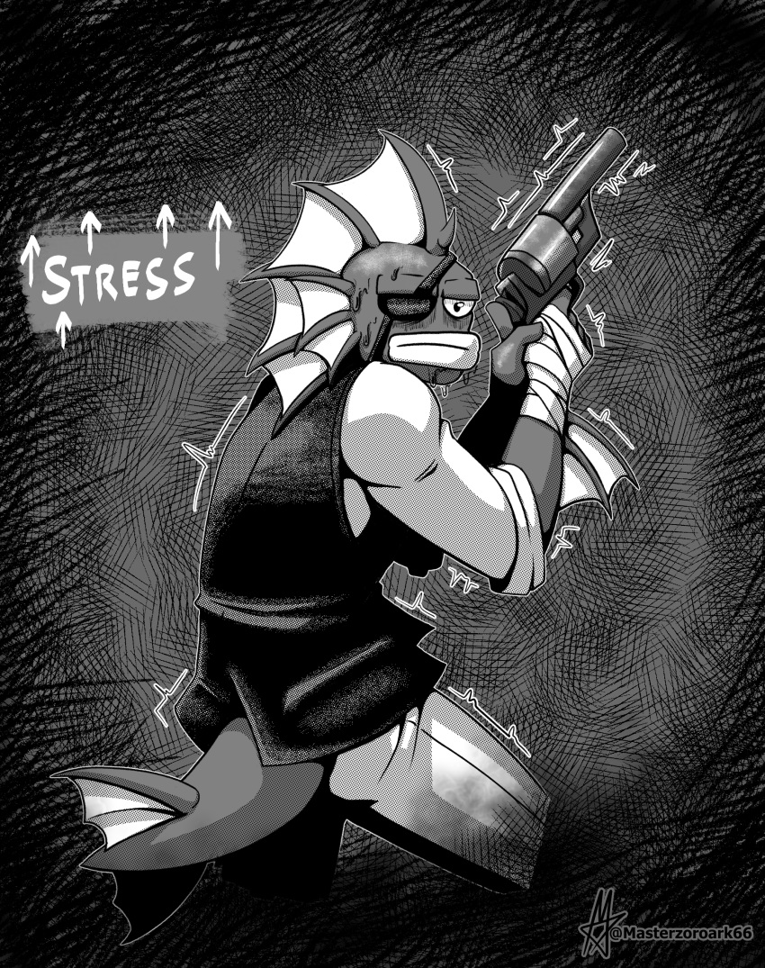 1_eye absurd_res clothing english_text eye_patch eyewear fin fish greyscale halftone hi_res inktober marine masterzoroark666 monochrome nuclear_throne pressure stress text topwear vest