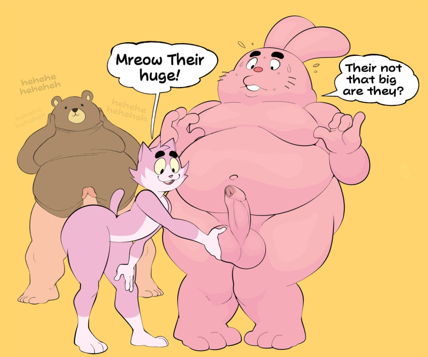 anthro ball_fondling balls belly big_belly cartoon_network dialogue domestic_cat erection eroborus felid feline felis fondling foreskin genitals group hi_res humanoid_genitalia humanoid_penis lagomorph leporid male male/male mammal moobs navel nude overweight overweight_anthro overweight_male penis rabbit richard_watterson roz standing the_amazing_world_of_gumball thick_thighs ursid