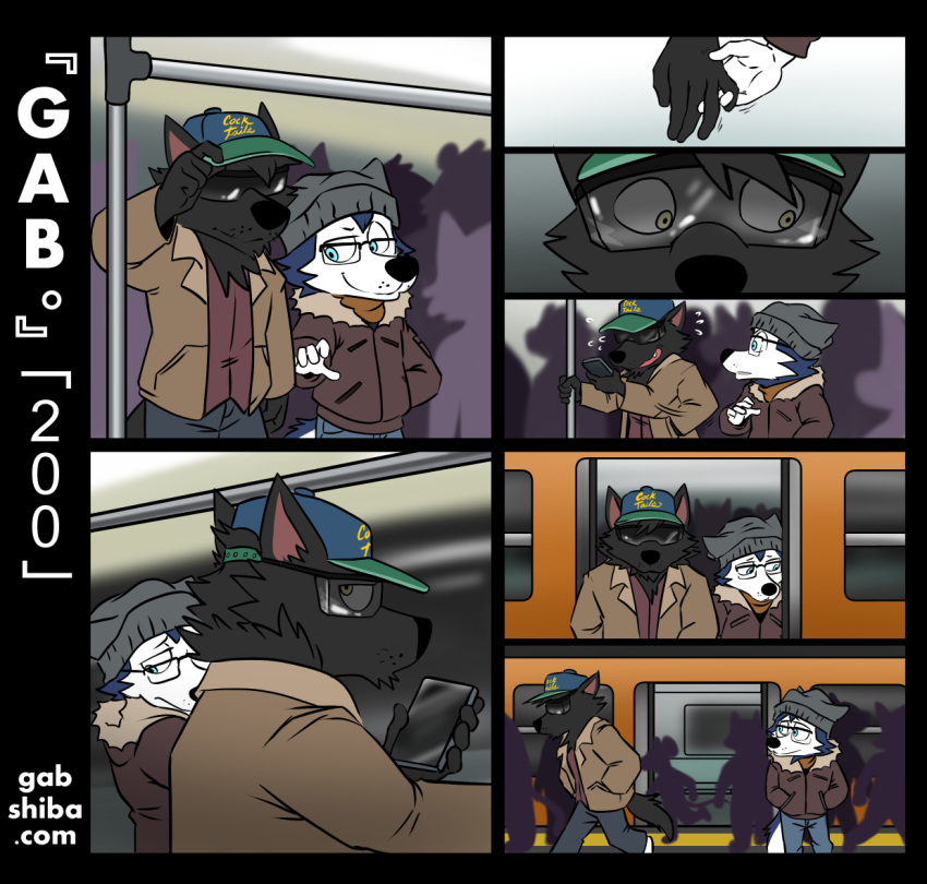 anthro bau_husky beanie black_body black_fur black_nose blue_body blue_fur bodily_fluids bort_(gabshiba) canid canine canis cellphone clothed clothing coat comic crowd disguise domestic_dog duo eyewear fur gab_(comic) gabshiba group hand_holding hands_in_pockets hat headgear headwear holding_cellphone holding_object holding_phone husky inside interrupted leaving looking_at_cellphone looking_at_object looking_at_phone looking_away male male/male mammal multicolored_body multicolored_fur nordic_sled_dog overcoat pda phone pockets public_transportation rapid_transit sad shy spitz standing subway subway_station sunglasses sweat tamaskan_dog text topwear two_tone_body two_tone_fur url wearing_glasses white_body white_fur worried_look yellow_eyes