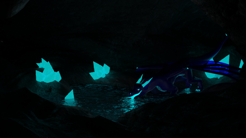 16:9 4k absurd_res ambiguous_gender blue_body blue_eyes blue_horn blue_membrane cave crystal dark_body darkness dragon drinking drinking_water feral glowing glowing_crystal glowing_crystals glowing_eyes glowing_horn glowing_nostrils glowing_tongue hi_res horn huge_filesize membrane_(anatomy) niko_stargazer nikostargazer pond solo tongue water widescreen