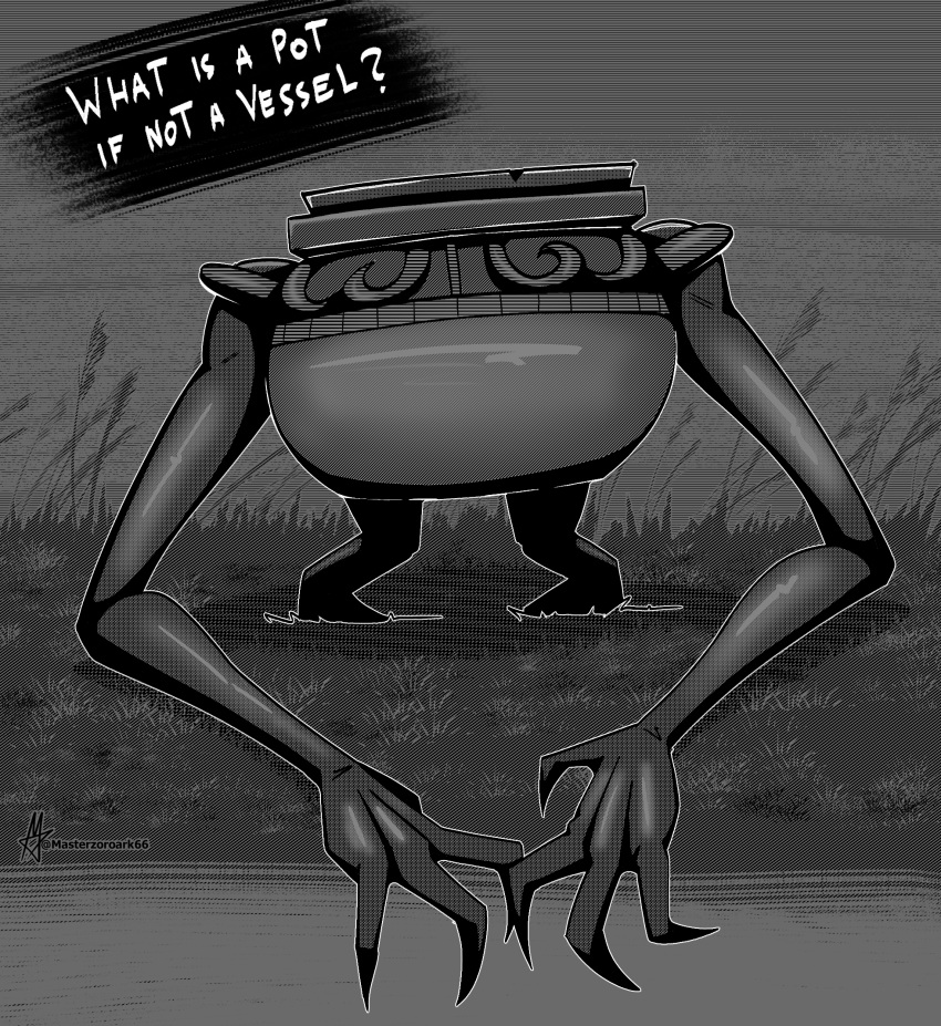 4_fingers animate_inanimate claws elden_ring english_text fingers grass greyscale halftones hi_res inktober long_arms masterzoroark666 monochrome not_furry plant pot_goblin pottery text vessel