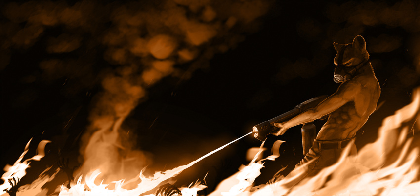 2021 anthro clothed clothing fire flamethrower fur hi_res holding_object holding_weapon ipoke light lighting male mammal mustelid ranged_weapon shaded solo topless weapon