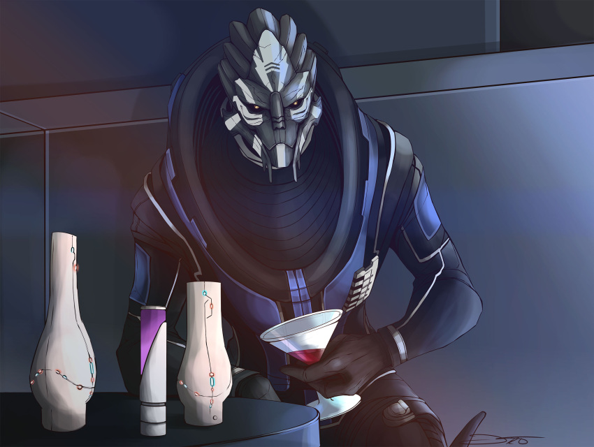 alcohol alien beverage bodypaint bottle clothed clothing cocktail_glass container cup drinking_glass face_paint furniture glass glass_container glass_cup hi_res inside looking_at_viewer lorik_qui'in lrtrevelyan male mass_effect sitting solo table turian video_games yellow_eyes