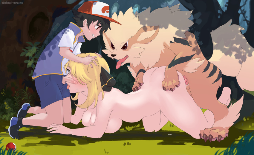 absurd_res age_difference arcanine ash_ketchum bestiality big_breasts big_butt blonde_hair blush bodily_fluids breasts butt clothing cynthia_(pok&eacute;mon) detectiveneko drooling female female_on_feral female_penetrated feral feral_penetrating feral_penetrating_human genitals group group_sex hair hat headgear headwear hi_res human human_on_feral human_on_human human_penetrated humanoid_genitalia humanoid_penis interspecies male male/female male_penetrating male_penetrating_female mammal nintendo nude open_mouth penetration penis pok&eacute;mon pok&eacute;mon_(species) pok&eacute;philia pokemon_champion saliva sex threesome tongue tongue_out video_games young younger_male