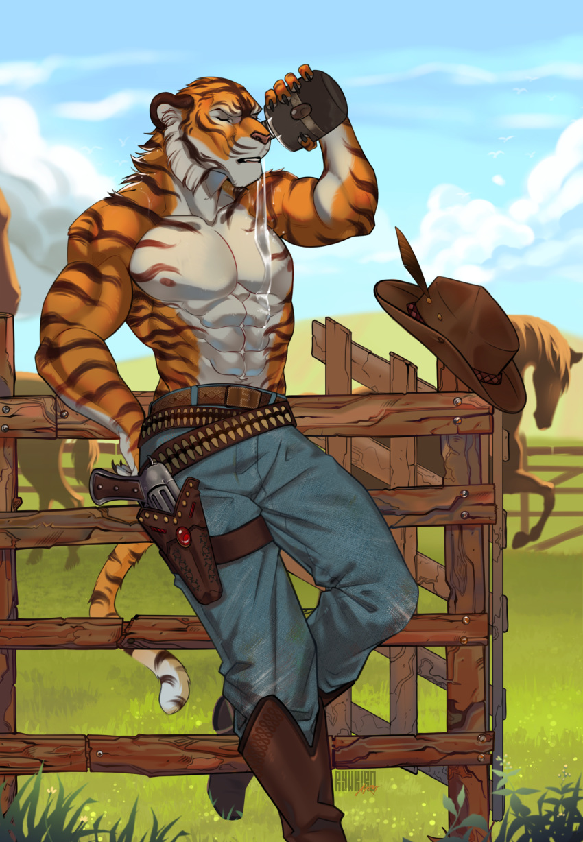 2020 abs absurd_res anthro beverage boots bottomwear canteen clothed clothing cowboy cowboy_boots denim denim_clothing equid equine felid feral footwear gun handgun hi_res holster holstered_pistol horse jeans liquid male mammal outside pantherine pants ranch ranged_weapon revolver ryukiro solo standing stripes tiger topless weapon