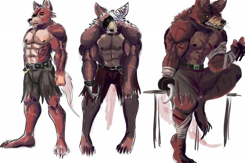 2021 abs anthro belt biceps big_muscles biped black_sclera bottomwear canid canine chain claws clothed clothing cybernetic_ear cybernetics digital_media_(artwork) digital_painting_(artwork) eye_patch eyewear finger_claws five_nights_at_freddy's five_nights_at_freddy's_2 five_nights_at_freddy's_4 fox foxy_(fnaf) fur grey_sclera group hook_hand leaning leaning_forward looking_at_viewer machine male mammal muscular muscular_anthro muscular_male nightmare_foxy_(fnaf) nipples pecs pinumontbalou pose red_body red_fur scar shorts simple_background standing tan_body tan_fur teeth toe_claws topless trio video_games whiskers white_background withered_foxy_(fnaf) yellow_eyes