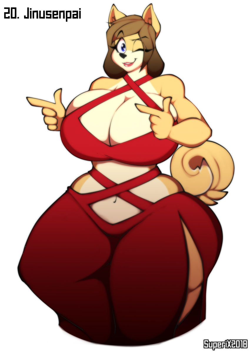 2018 absurd_res anthro artist_name big_breasts blue_eyes breasts brown_hair canid canine canis cleavage clothed clothing curvy_figure digital_media_(artwork) domestic_dog dress eyelashes female finger_gun fingers fur gesture hair hi_res hourglass_figure huge_breasts inner_ear_fluff june_(jinu) lips looking_at_viewer mammal mature_anthro mature_female multicolored_body multicolored_fur navel one_eye_closed shiba_inu short_hair simple_background smile solo spitz standing superix tan_body tan_fur teeth thick_thighs tuft two_tone_body two_tone_fur voluptuous white_background wide_hips wink winking_at_viewer