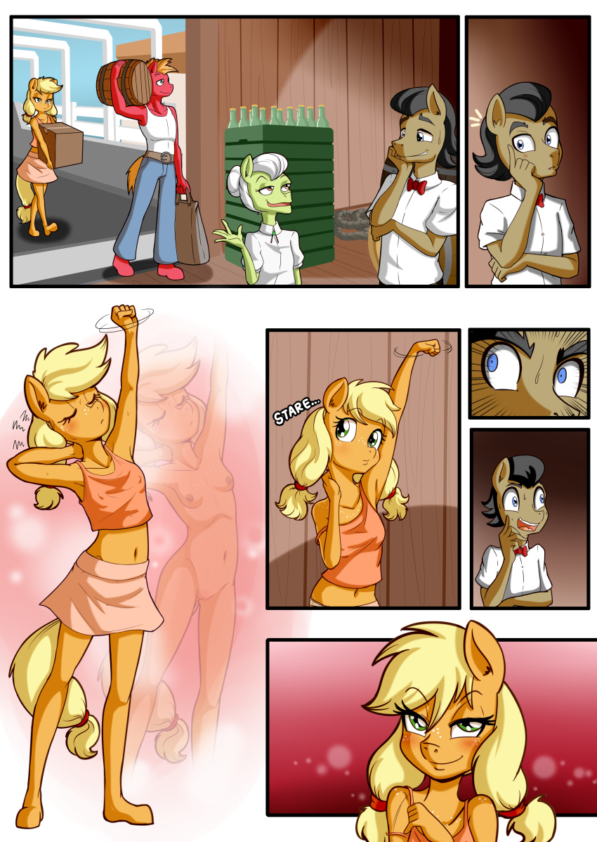 2021 absurd_res anibaruthecat anthro applejack_(mlp) barrel big_macintosh_(mlp) bottomwear box breasts brother brother_and_sister clothed clothing comic container equid equine eyelashes eyes_closed female filthy_rich_(mlp) freckles friendship_is_magic genitals granny_smith_(mlp) hasbro hi_res mammal midriff my_little_pony navel nipple_outline nipples nude pussy shirt sibling sister skirt small_breasts tank_top teenager topwear young