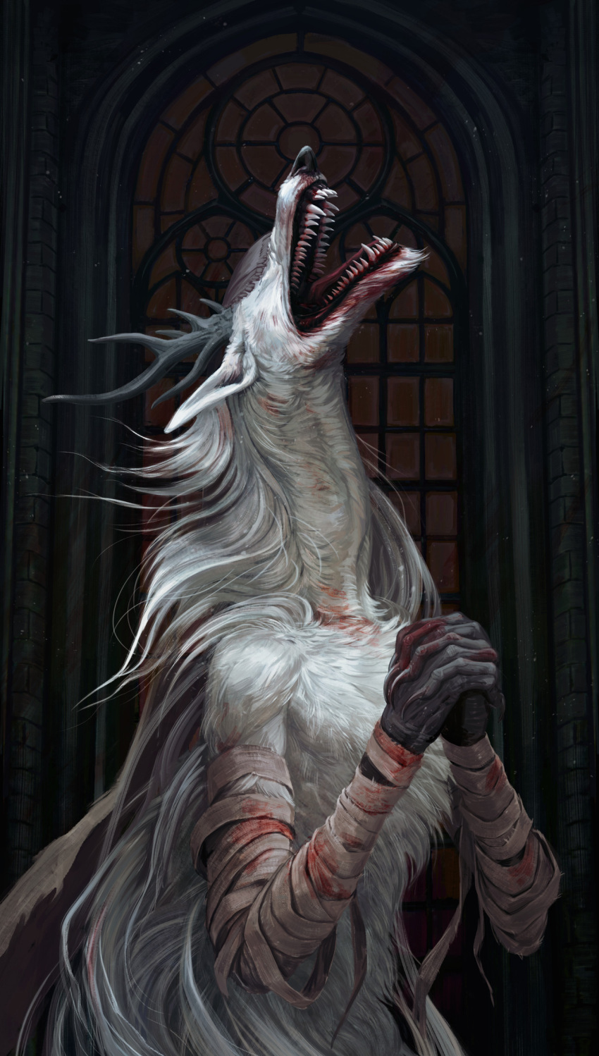 anthro antlers bandage blindfold blood bloodborne bodily_fluids canid canine claws cloth female fromsoftware fur hi_res horn mammal maria_zolotukhina monster sharp_teeth solo sony_corporation sony_interactive_entertainment teeth vicar_amelia_(bloodborne) video_games were werecanid werecanine werewolf white_body white_fur