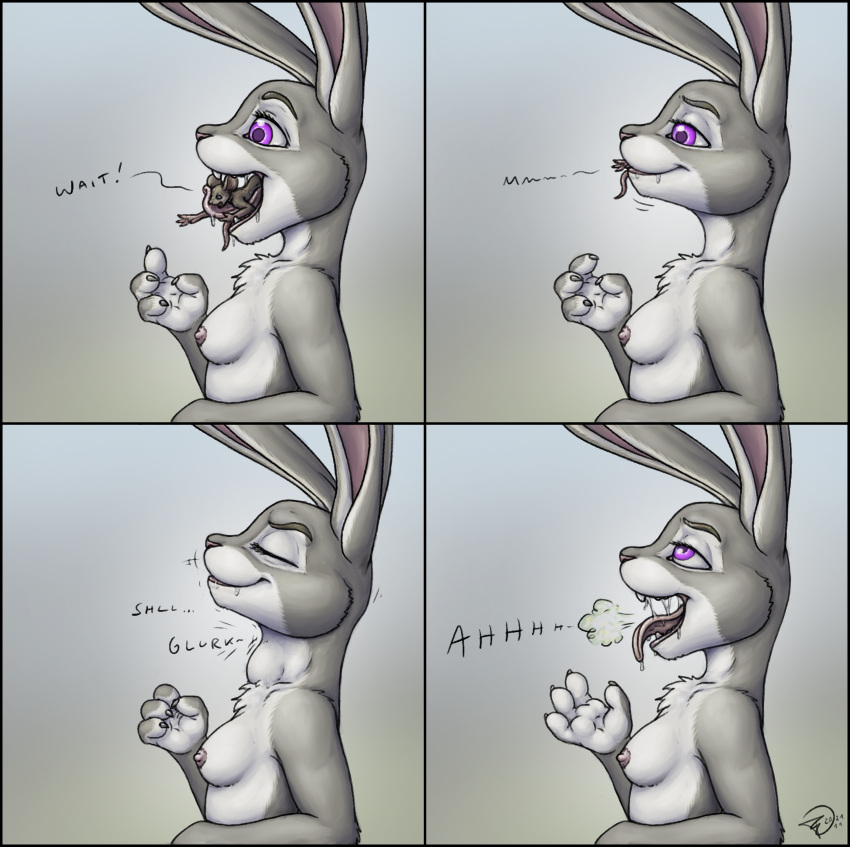 2021 4_fingers absurd_res anthro areola breasts dialogue disney duo english_text eyebrows eyes_closed female fingers forceswerwolf hi_res judy_hopps lagomorph leporid long_ears mammal micro mouse murid murine nipples nude open_mouth opps purple_eyes rabbit rodent side_view simple_background smile text vore zootopia