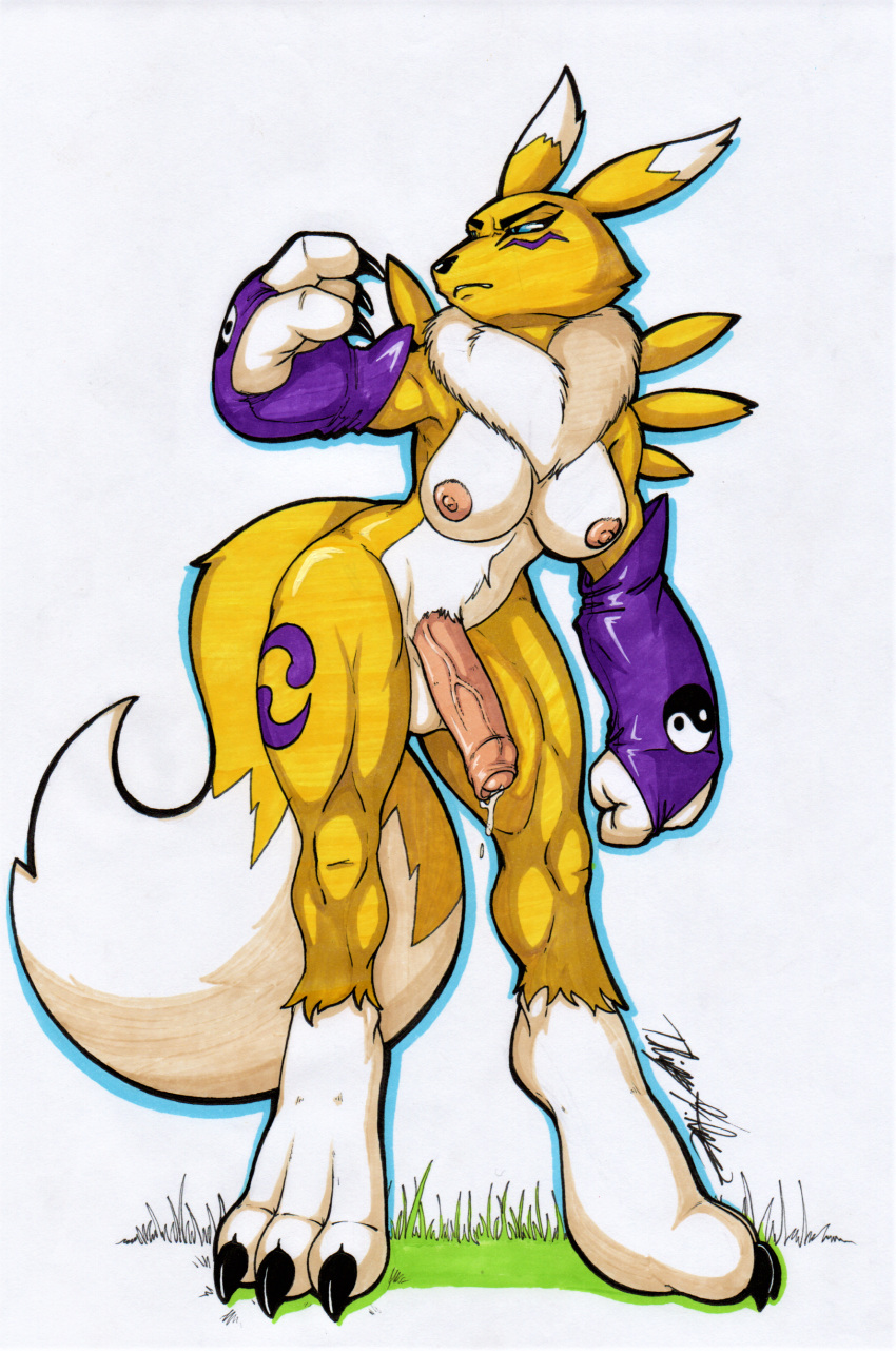 absurd_res anthro armwear balls bandai_namco big_breasts big_feet big_penis bodily_fluids breasts clothing digimon digimon_(species) elbow_gloves feet foreskin fur genital_fluids genitals gloves gynomorph handwear hi_res intersex long_foreskin muscular muscular_intersex penis precum renamon rotten_owl simple_background solo traditional_media_(artwork) vein veiny_penis white_background yellow_body yellow_fur