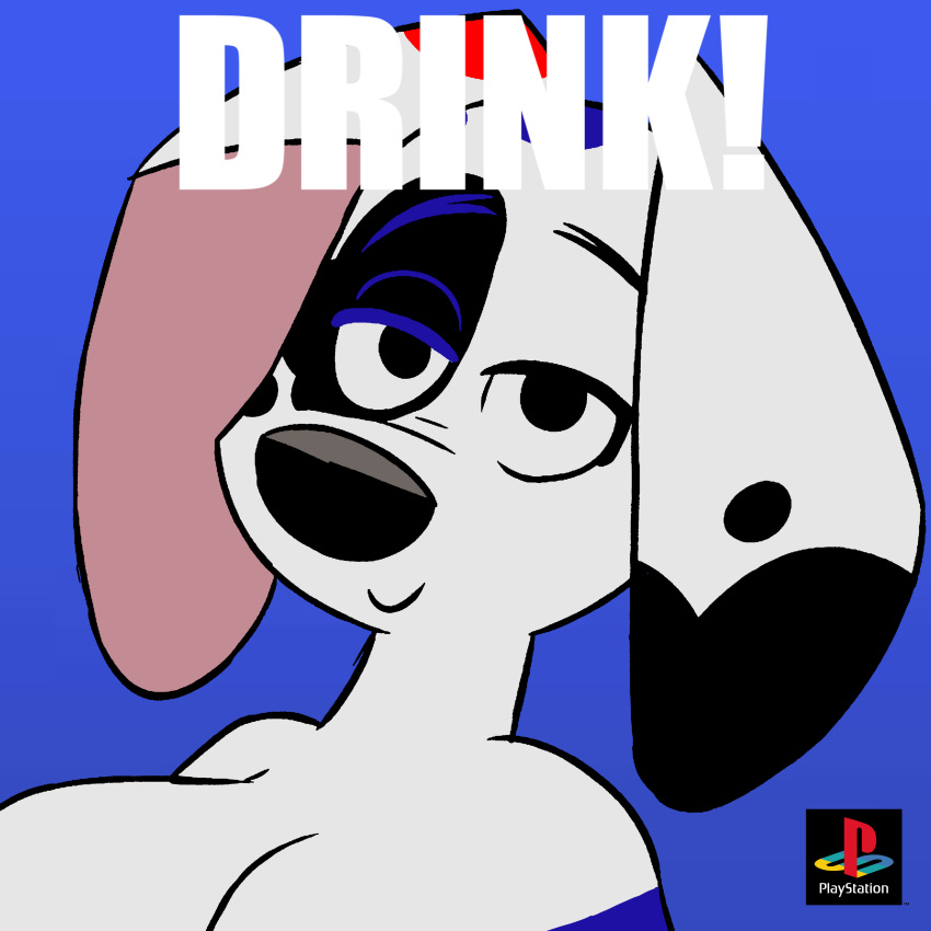 101_dalmatian_street 101_dalmatians 1:1 absurd_res anthro canid canine canis da_vinci_(101_dalmatians) disney domestic_dog edit female hi_res looking_at_viewer mammal pepsi pepsiman_(character) playstation simple_background solo sony_corporation sony_interactive_entertainment video_games vincikkkk whitewolf20xx