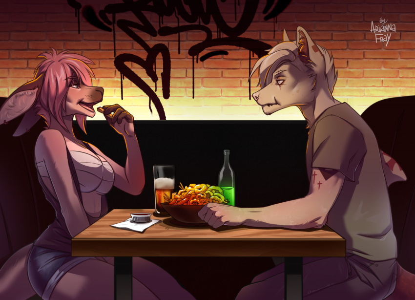 2021 5_fingers anthro ariannafray_pr arm_tattoo breasts canid canine canis clothed clothing cross digital_media_(artwork) domestic_dog duo female fingers hair iron_cross kangaroo macropod male mammal marsupial pink_hair smile tattoo white_hair