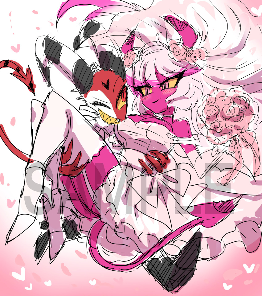 absurd_res anonymous_artist anthro blitzo_(helluva_boss) blush breasts carrying carrying_partner clothing dark_pink demon demon_humanoid dress duo female flower helluva_boss hi_res high_heels horn horned_humanoid humanoid imp legwear male male/female married plant sample spade_tail thigh_highs verosika_mayday_(helluva_boss) wedding_dress