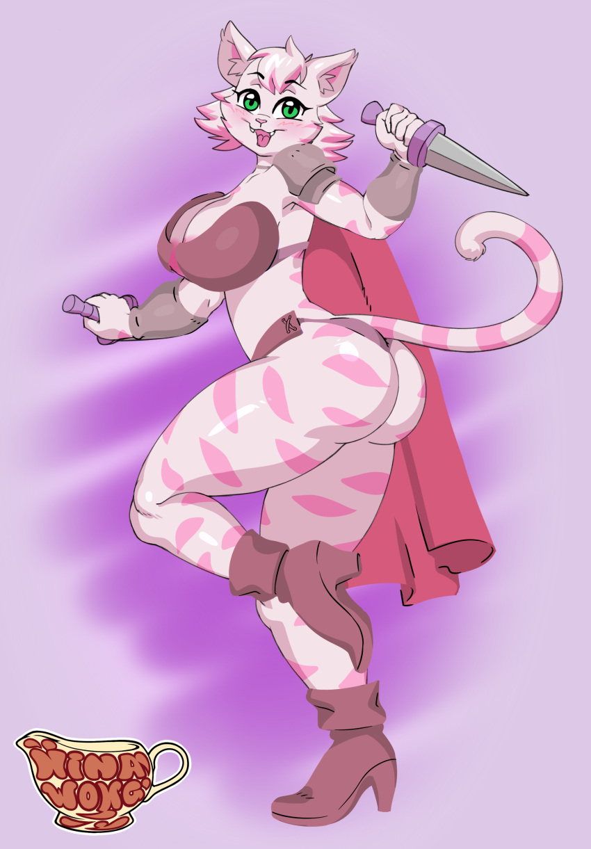 absurd_res anthro breasts butt cleavage clothed clothing creamygravy domestic_cat felid feline felis female fur hi_res holding_knife holding_object knife mammal multicolored_body multicolored_fur solo two_tone_body two_tone_fur weapon