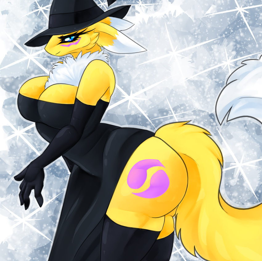 absurd_res anthro bandai_namco big_breasts blue_eyes breasts butt canid canine cassielink chest_tuft clothing digimon digimon_(species) digital_drawing_(artwork) digital_media_(artwork) digital_painting_(artwork) drawing dress female fluffy fluffy_tail fox fur glistening glistening_body glistening_skin gloves halloween handwear hat headgear headwear hi_res holidays magic_user mammal pinup pose renamon sketch solo thick_thighs tuft witch witch_hat yellow_body yellow_fur