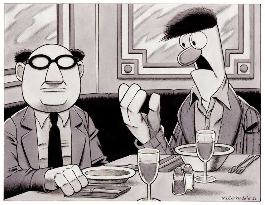 2021 4_fingers alcohol anthro bald beaker_(muppets) beverage big_nose black_and_white border bruce_mccorkindale bunsen_honeydew chubby_male clothing coat container crossover cup cutlery drinking_glass duo eyeless eyewear facial_hair fingers fork glass glass_container glass_cup glasses greyscale hair hi_res humanoid jacket kitchen_utensils male monochrome muppet muppets my_dinner_with_andre necktie parody pepper_(disambiguation) plate salt shirt signature speech_bubble spiky_hair text the_muppet_show tools topwear white_border wide_eyed wine wine_glass