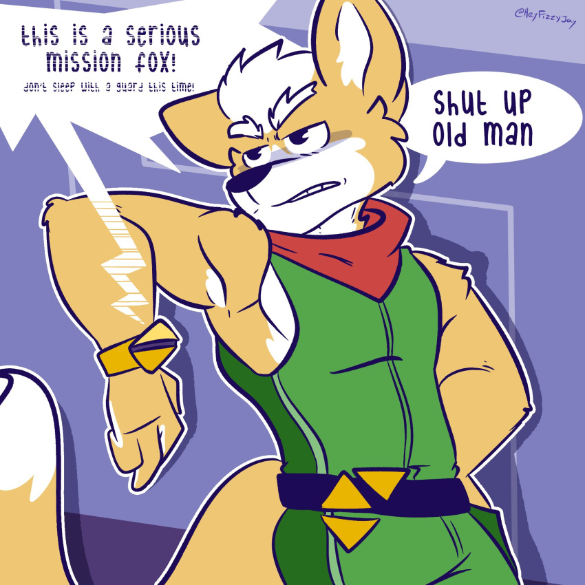 1:1 anthro bandanna biped brown_body brown_fur canid canine clothed clothing dialogue english_text fizzyjay fox fox_mccloud fur green_clothing hi_res kerchief male mammal nintendo solo speech_bubble star_fox text video_games white_body white_fur