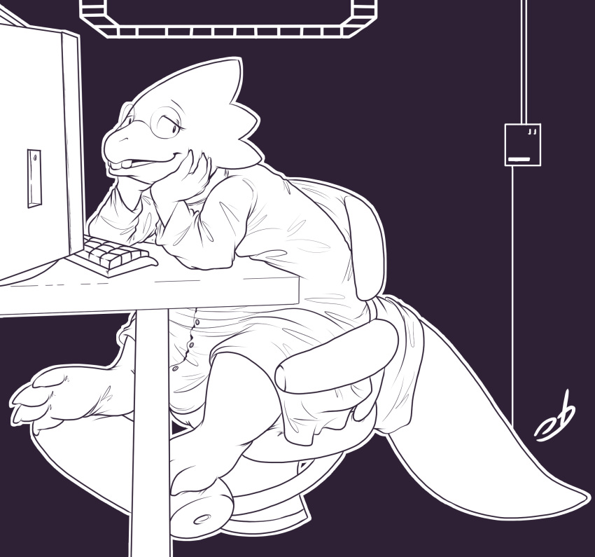 2016 alphys anthro biped buckteeth chair claws clothed clothing computer digital_drawing_(artwork) digital_media_(artwork) eyewear female furniture glasses head_in_hands hi_res leaning leaning_forward looking_aside open_mouth reptile scalie simple_background sitting solo stormdragonblue teeth thick_tail undertale undertale_(series) video_games