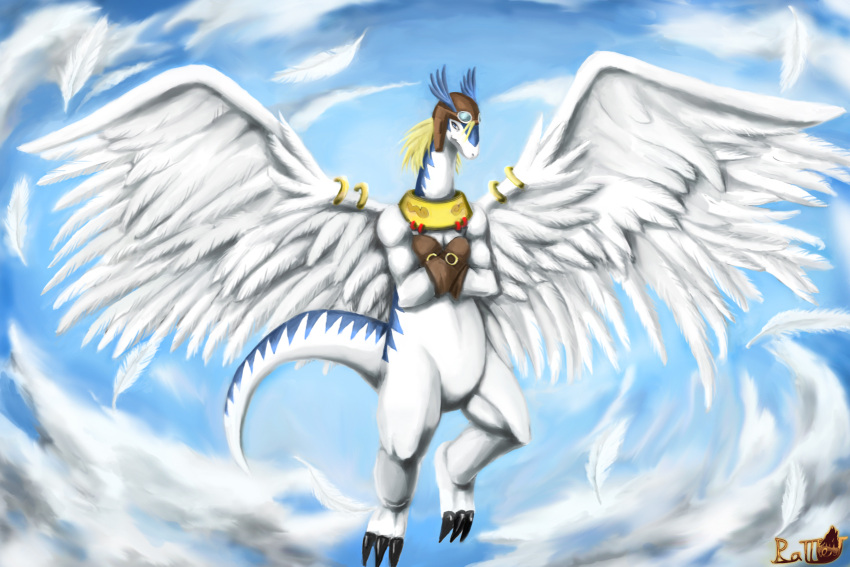 3:2 anthro blonde_hair blue_eyes blue_sky brown_clothing brown_handwear clothing cloudscape collar crossed_arms dragon eyewear eyewear_on_head feathered_wings feathers gloves goggles goggles_on_head hair handwear hi_res legendz looking_at_viewer male ratteu ring shiron sky smile solo white_body white_feathers wings