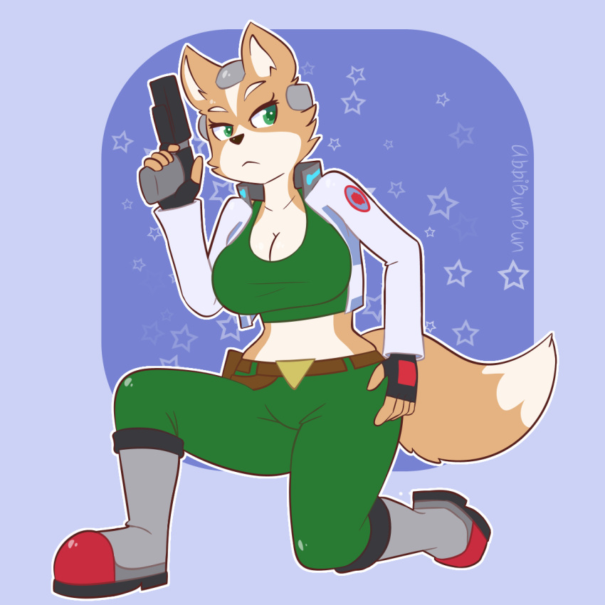 1:1 abbibunbun anthro bra canid canine clothing crossgender female fox fox_mccloud gun hi_res mammal midriff nintendo ranged_weapon solo sports_bra star_fox underwear video_games weapon