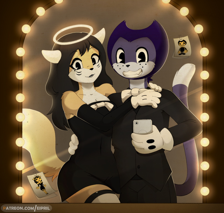 alice_angel angel anthro bendy_and_the_ink_machine bendy_the_dancing_demon black_body bow_tie breasts canid canine cellphone clothed clothing cosplay cute_fangs demon digital_media_(artwork) domestic_cat duo eipril elisabeth_(eipril) felid feline felis female fleischer_style_toon fox fur gloves hair halo handwear hi_res horn humanoid looking_at_viewer male male/female mammal open_mouth phone romantic romantic_couple rouen_(eipril) smartphone smile text toony url video_games