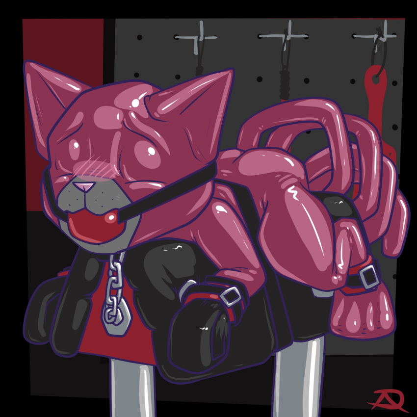 1:1 2021 ambiguous_gender anthro ball_gag bdsm blush bodysuit bondage bound chain clothed clothing digital_drawing_(artwork) digital_media_(artwork) domestic_cat felid feline felis gag gagged glistening hi_res male mammal paddle pink_nose radasus rubber skinsuit solo spiral_tail sylvester_merrimen tight_clothing