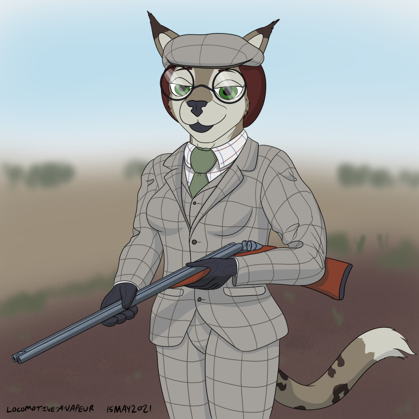 1:1 2021 absurd_res anthro blurred_background bridgette_o'shane canid canine canis clothing domestic_dog double_barrel_shotgun eyewear felid feline female flat_cap glasses gun hat headgear headwear hi_res hunting hunting_dog left_handed lynx lynxuki mammal necktie panzerschreckleopard pose ranged_weapon saluki shotgun sighthound solo suit three_piece_suit weapon