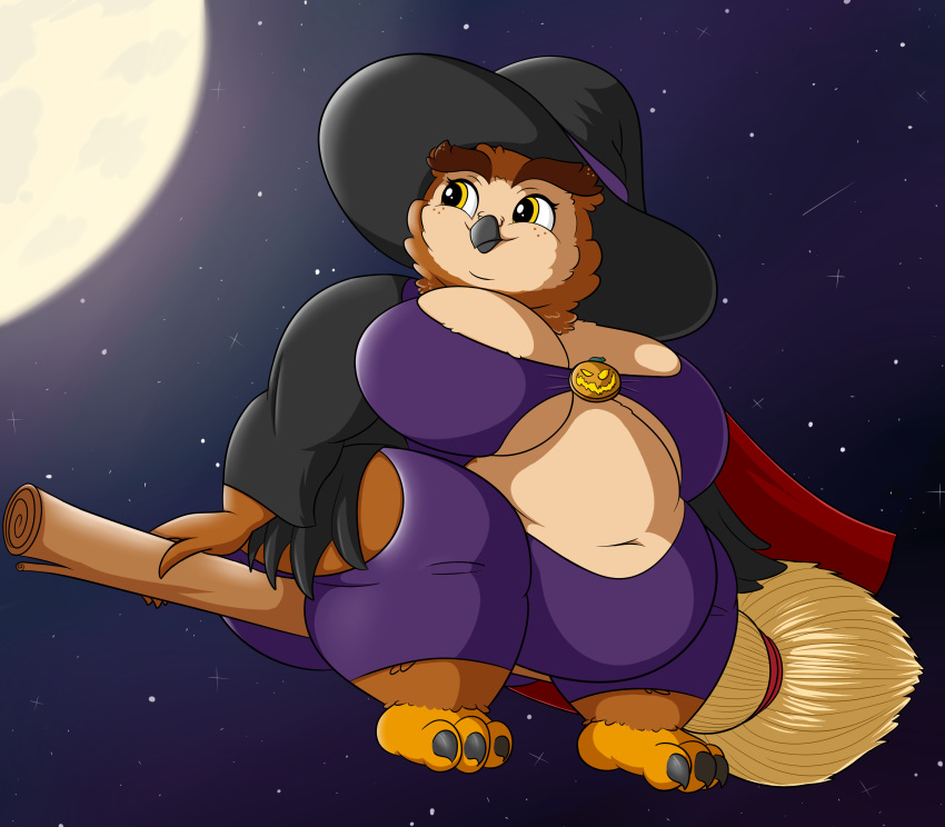 absurd_res anthro avian beak belly big_belly big_breasts bird breasts broom broom_riding butt cape cleaning_tool clothed clothing costume dewlap_(anatomy) digital_media_(artwork) double_chin dress feathers female flying food fruit grandpaced halloween hi_res holidays huge_breasts hyper hyper_belly looking_up low-angle_view magic moon multicolored_body multicolored_feathers navel obese obese_anthro obese_female overweight overweight_anthro overweight_female owl phelia plant pumpkin smile solo star talons thick_thighs wide_hips witch_costume worm's-eye_view