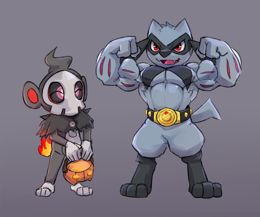 6:5 alternate_color anthro belt biceps chimchar cosplay duo duskull eyes_closed fire flexing food fruit halloween happy hi_res holidays machoke male muscular muscular_male nintendo pecs plant pok&eacute;mon pok&eacute;mon_(species) pumpkin riolu simple_background standing tagme video_games waddledox