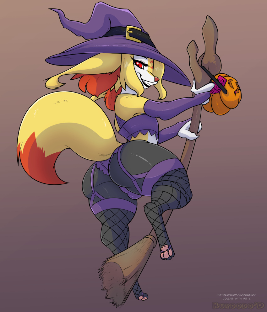 absurd_res anthro armwear artz basket big_butt braixen broom butt canid canine cleaning_tool clothed clothing condom container crossdressing dipstick_tail fishnet fluffy fluffy_tail food fox fruit fur genitals girly grey_background hat headgear headwear hi_res inner_ear_fluff knot kuroodod kuroodod_(fursona) lingerie looking_at_viewer male mammal markings nintendo panties pawpads paws penis pink_pawpads plant pok&eacute;mon pok&eacute;mon_(species) pumpkin purple_clothing rear_view red_body red_fur red_nose sexual_barrier_device simple_background smile solo staff tail_markings teeth tuft underwear video_games white_body white_fur witch_costume witch_hat yellow_body yellow_fur