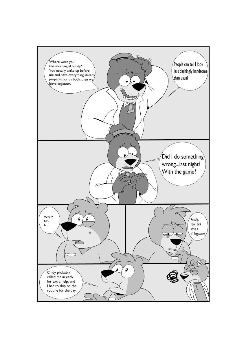 2021 absurd_res angry anthro beargarbage biped boo-boo_bear border cindy_bear clothing comic duo english_text hanna-barbera hi_res humanoid_hands jellystone_(hbo_max) male mammal monochrome necktie sad shirt text topwear ursid white_border yogi_bear yogi_bear_(character)