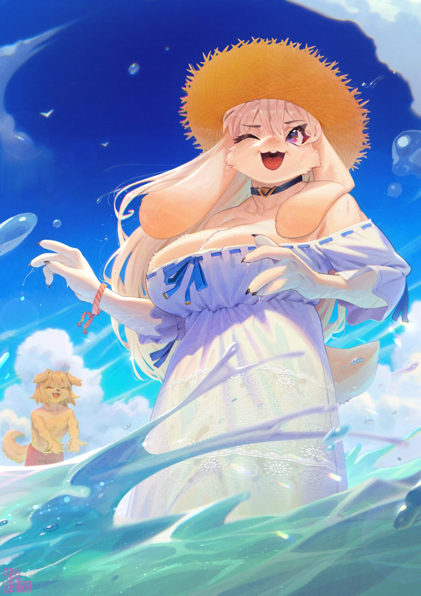 4_fingers anthro aruurara big_breasts bracelet breasts canid canine canis choker cleavage clothed clothing cloudscape domestic_dog dress eyebrow_through_hair eyebrows eyes_closed female fingers floppy_ears hair hat headgear headwear hi_res jewelry lagomorph leporid male mammal necklace one_eye_closed open_mouth rabbit sea sky smile sophia_(aruurara) straw_hat swimwear translucent translucent_hair water