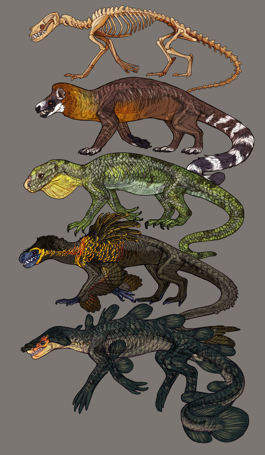 absurd_res ambiguous_gender avian-king blue_body bone brown_body brown_eyes claws countershade_torso countershading dewlap_(anatomy) feathers feet fin fur green_body group hi_res long_tail marine markings open_mouth orange_body reptile scales scalie skeleton striped_markings striped_tail stripes tail_markings teeth toes walking yellow_body yellow_feathers