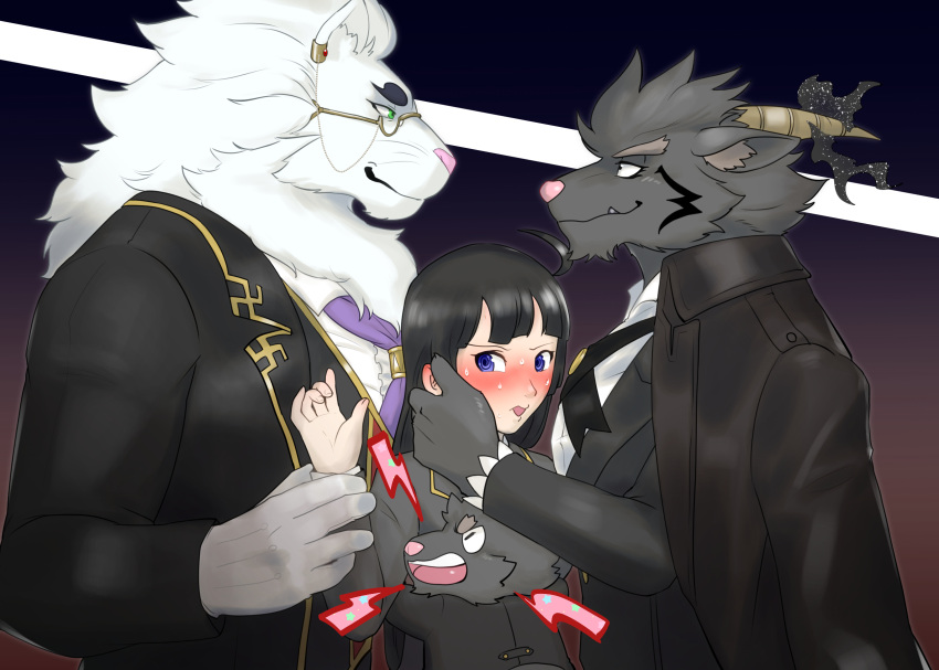 anthro blue_eyes blush bovid caprine clothed clothing coat demon ear_piercing embrace eyewear felid female female_protagonist_(tas) fully_clothed fur glasses gloves goat green_eyes grey_body grey_fur group hair handwear hi_res horn hug human larger_anthro lifewonders lion long_hair male mammal manzanaringopai mephistopheles_(tas) necktie pantherine piercing pink_nose protagonist_(tas) salomonkun shirt simple_background size_difference smaller_anthro snow_(tas) stare tokyo_afterschool_summoners topwear video_games white_body white_fur